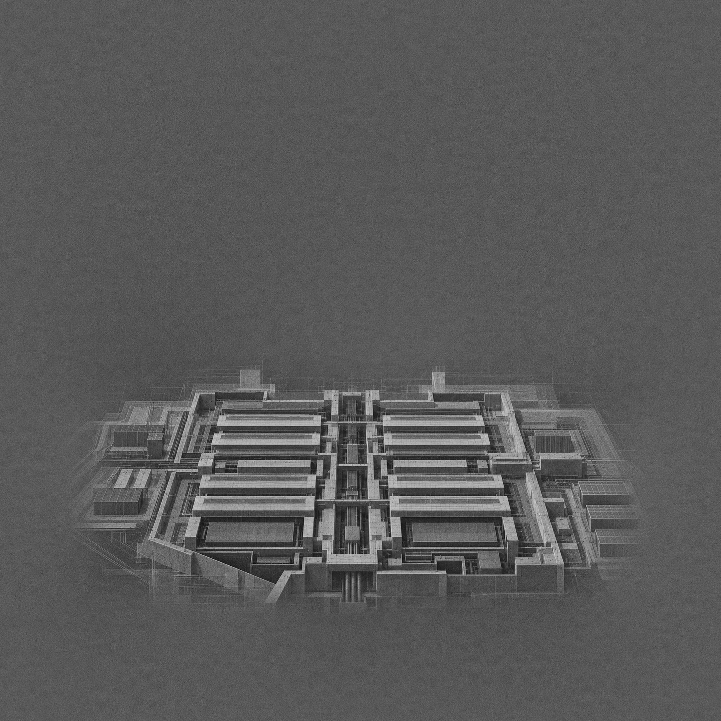An aerial drawing of a vast, symmetrical concrete complex rising out of grey fog, traced over with construction lines.