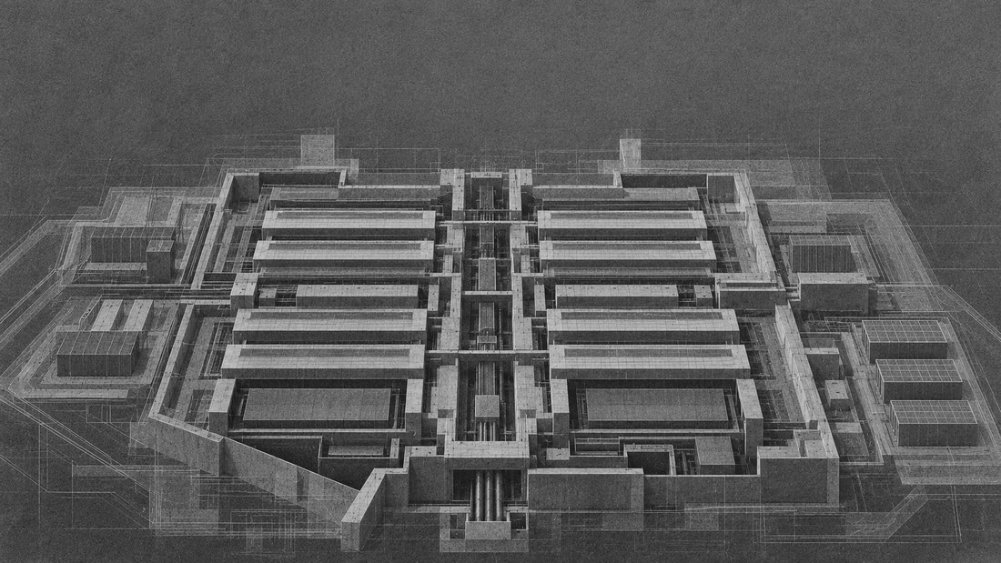 An aerial drawing of a vast concrete complex: two identical wings of long halls on either side of a central spine, traced over with construction lines.