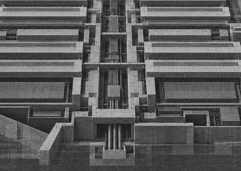 Detail of the drawing: the central spine of the complex, with mirrored halls to the west and east.